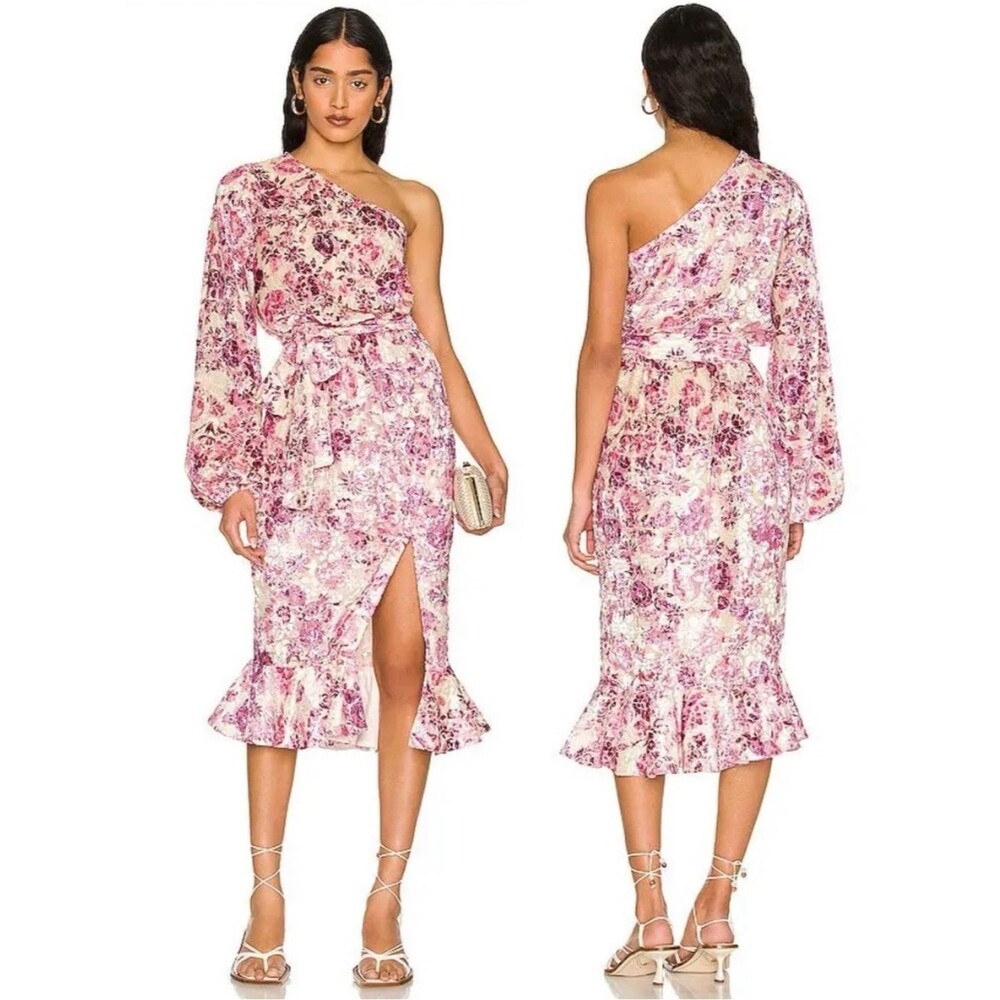 HEMANT & NANDITA Suki Velvet One Shoulder Midi Dress Floral Gold Lurex M Revolve